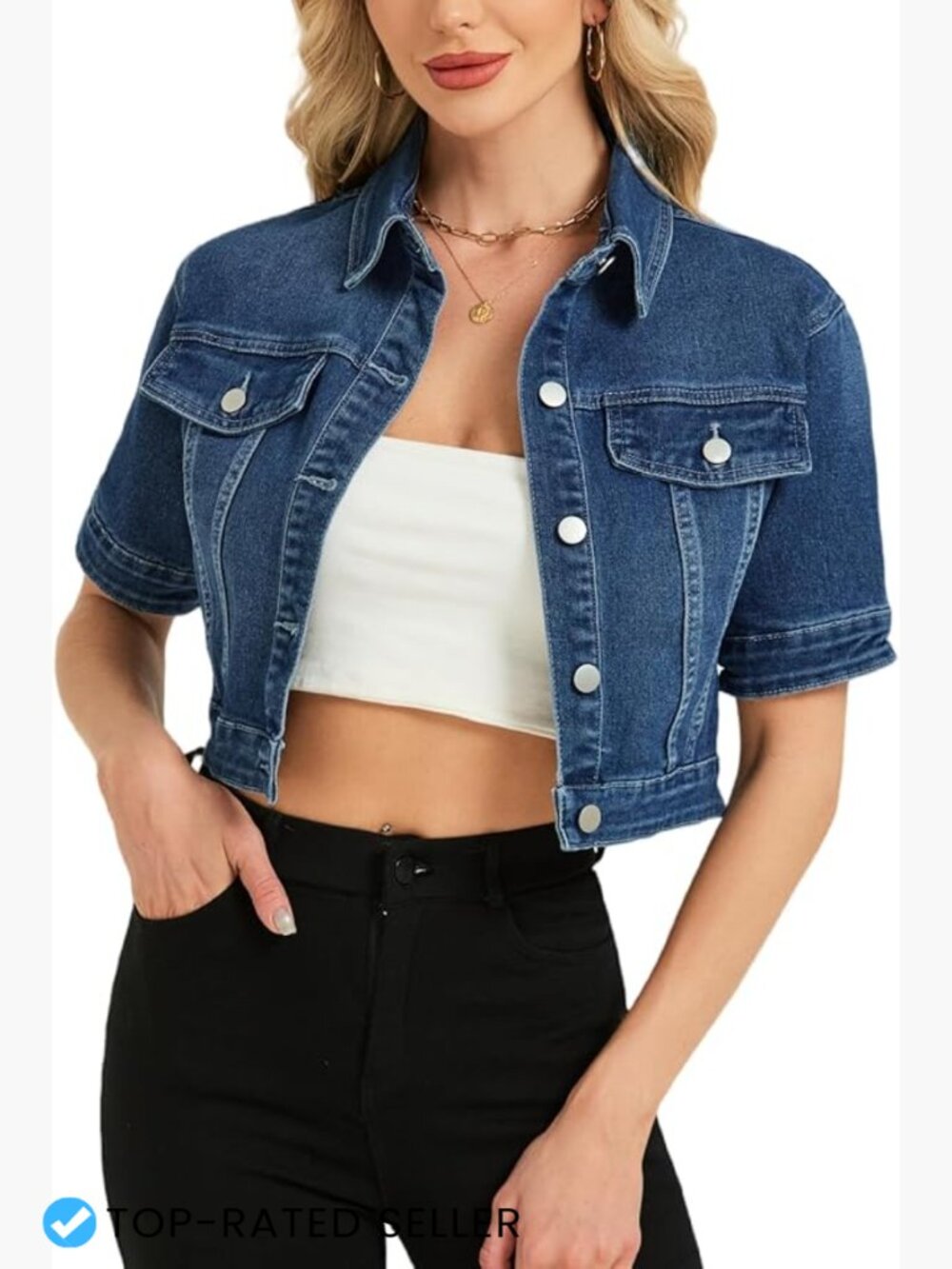 Cropped Denim Jacket Women Short Sleeve Trucker Button Down Classic Fit